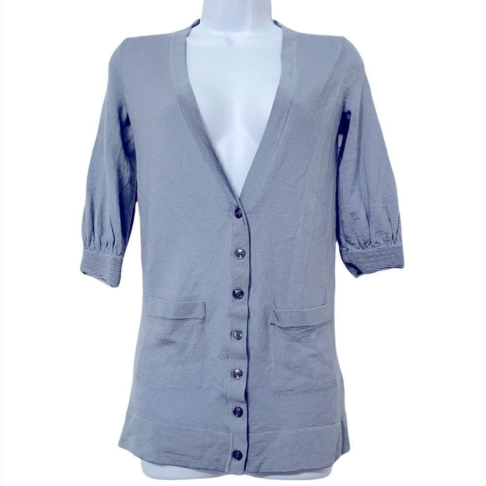 Club Monaco Wool Blend V Neck Long Cardigan 3/4 Sleeve Size XS Slate Blue